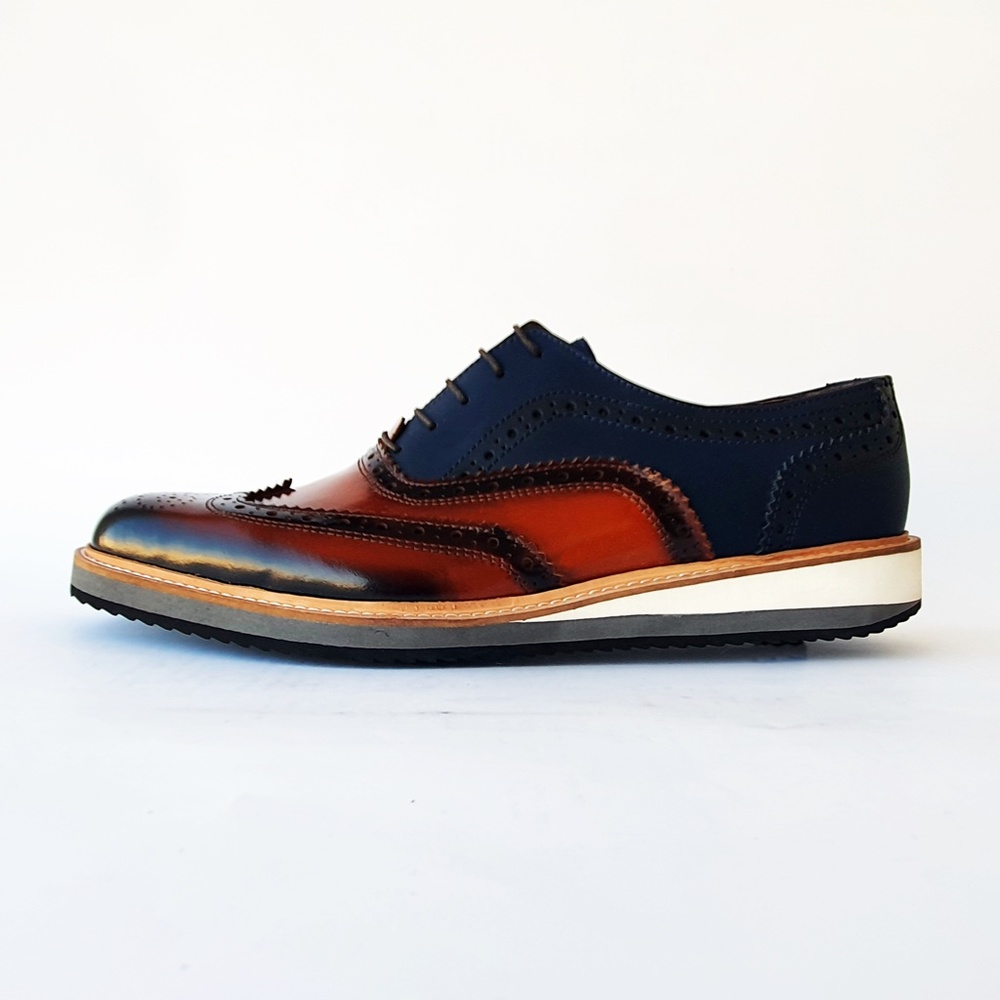 Zoppo Brown-Navy Blue Men's Wingtip Genuine Leather Oxford Dress Shoes - Picture 2 of 5